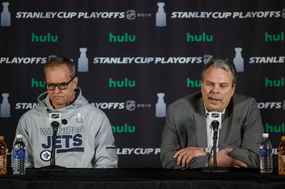 MIKE DEAL / WINNIPEG FREE PRESS
Winnipeg Jets head coach Paul Maurice, left and General Manager Kevin Cheveldayoff before Game 1 of the team's third-round playoff series against the Vegas Golden Knights.
