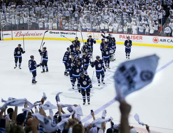 JOHN WOODS / WINNIPEG FREE PRESSWinnipeg Jets salute their fans after losing game five and the NHL Western Conference Final against the Vegas Golden Knights in Winnipeg on Sunday, May 20, 2018.