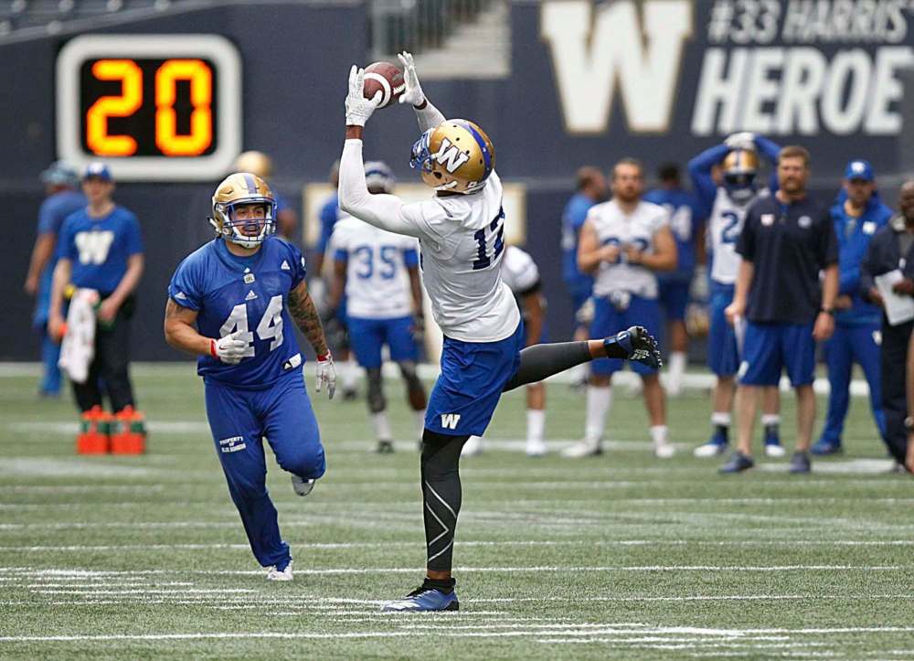 PHIL HOSSACK / WINNIPEG FREE PRESS
Adarius Bowman hauls in a pass while Shayne Gauthier closes in during Day 11 of Blue Bombers training camp at Investors Group Field Wednesday.