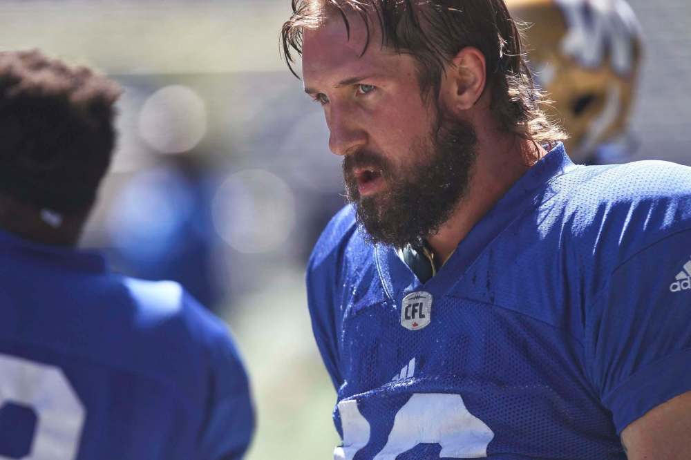 MIKE DEAL / WINNIPEG FREE PRESS
Winnipeg Blue Bombers' Taylor Loffler, right, during practice at Investors Group Field Monday morning.
