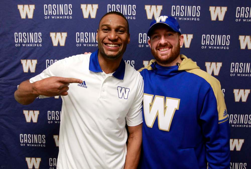 BORIS MINKEVICH / WINNIPEG FREE PRESS
Saying Winnipeg Blue Bombers Adarius Bowman, left, and Quarterback Matt Nichols are happy to be teammates again would be an understatement.