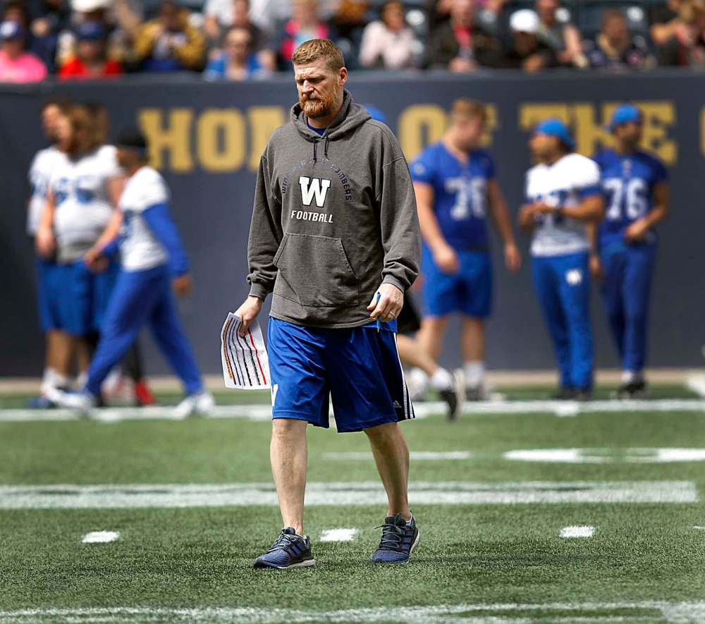 PHIL HOSSACK / WINNIPEG FREE PRESS
Winnipeg Blue Bomber head coach Mike O'Shea wears his worries on his face at a walk through practice Thursday morning at Investors Group Field.