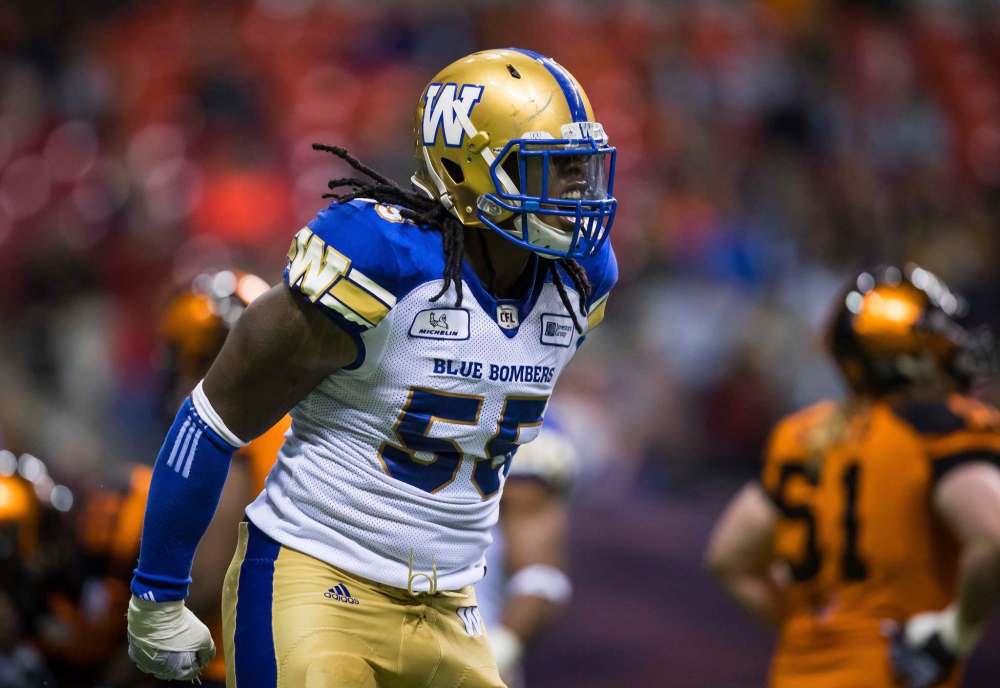 THE CANADIAN PRESS/Darryl Dyck
Winnipeg Blue Bombers' Daniel Awoleke celebrates after sacking B.C. Lions quarterback Ricky Lloyd during the second half of a pre-season CFL football game in Vancouver, on Friday June 8, 2018.