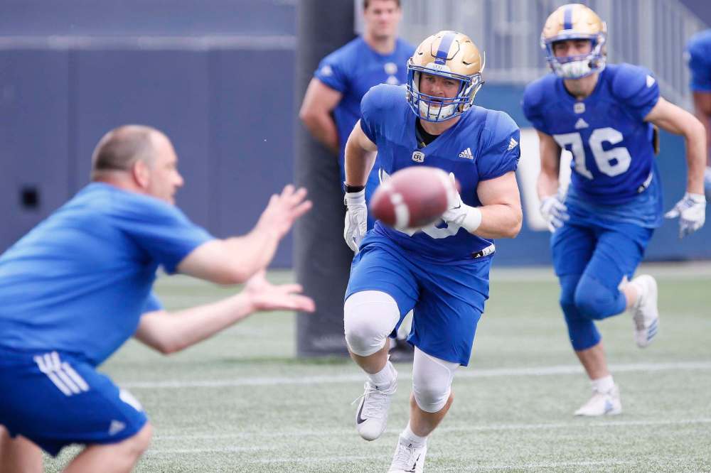 Linebacker Adam Bighill (centre) will be a key part of the Bombers' defence this season. (John Woods / The Canadian Press)