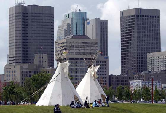 PHIL HOSSACK / WINNIPEG FREE PRESS FILESA pair of teepees grace the Winnipeg Skyline at the Forks during National Indigenous Peoples Day.