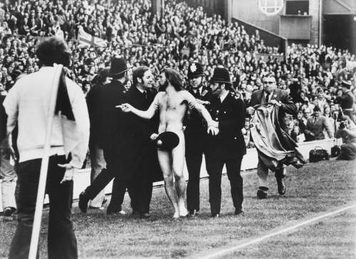 Freelance photojournalist Ian Bradshaw shot this now-iconic photo at a 1974 rugby game of Michael O'Brien, Britain's first sports streaker. (Ian Bradshaw photo)