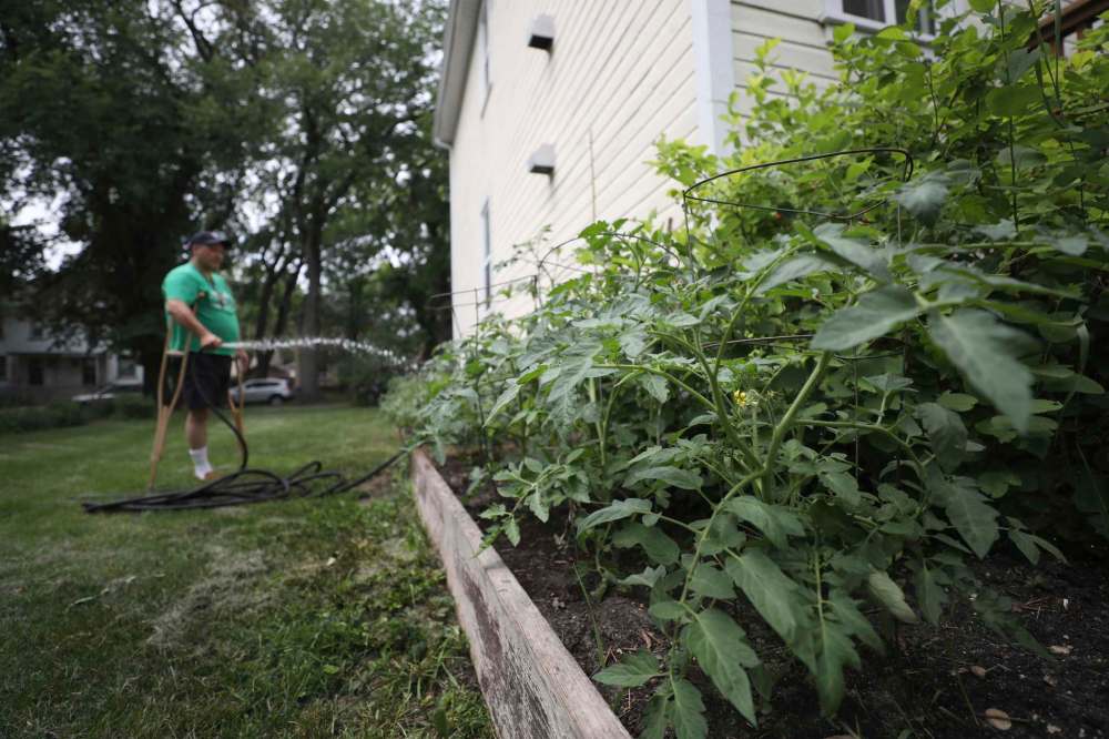 RUTH BONNEVILLE / WINNIPEG FREE PRESS
Riley Evans waters the rooming house’s vegetable garden.