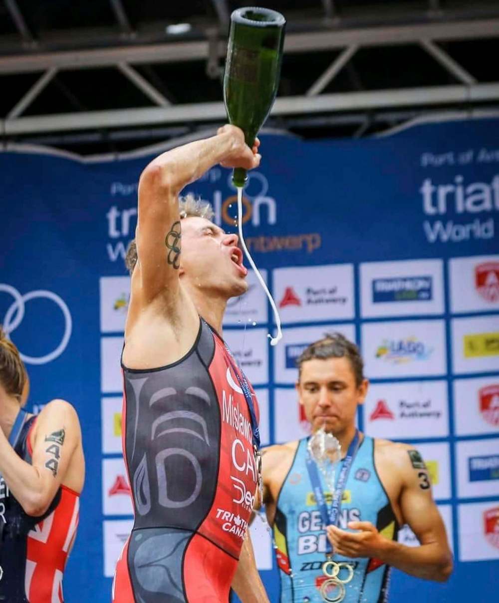 SUPPLIED
Manitoba’s Tyler Mislawchuk celebrates after a race in Belgium on June 17, where he finished third. It was the first World Cup podium finish of his career.