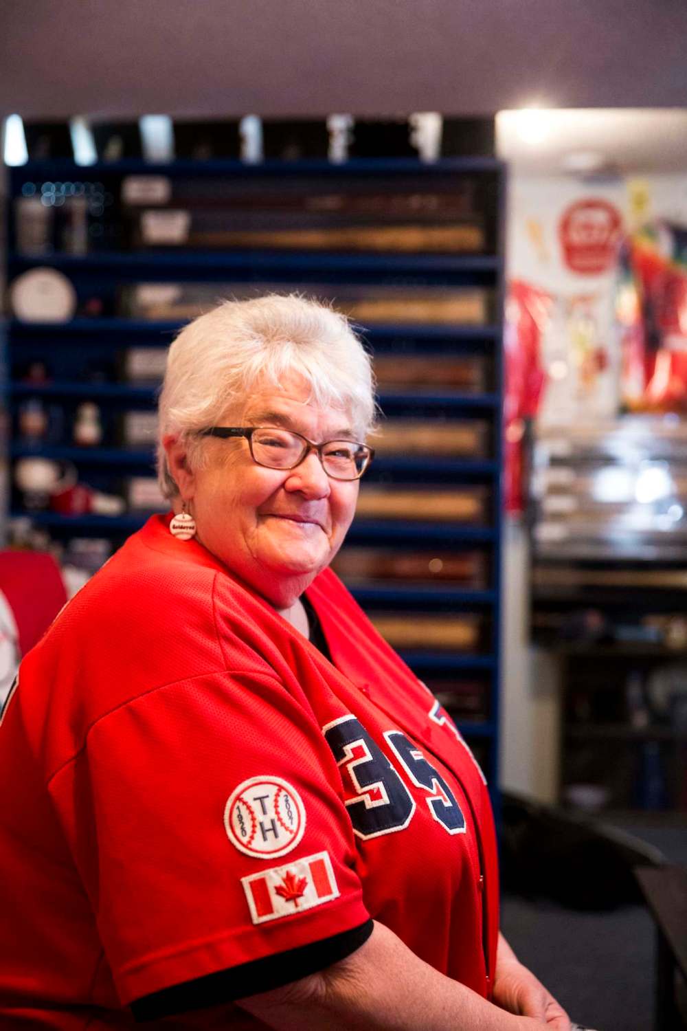 MIKAELA MACKENZIE / WINNIPEG FREE PRESS
Brenda Arnott in her basement, which is devoted to Goldeyes paraphernalia.