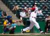 ANDREW RYAN / WINNIPEG FREE PRESS
Grant Heyman swings and misses in Goldeyes game action against the Sioux Lookout Canaries at Shaw Park.