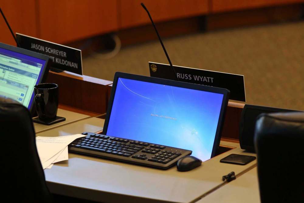 (Mike Deal / Winnipeg Free Press)
Councillor Russ Wyatt’s empty seat during Winnipeg City Council’s last meeting of the summer session.