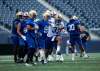 ANDREW RYAN / WINNIPEG FREE PRESS
It may be the dying moments of a gruelling, 167-yard game, but Andrew Harris (33, at practice Tuesday) still takes the ball ‘with force and goes and runs over two more people,’ says his quarterback, Matt Nichols.