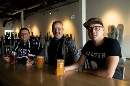 ANDREW RYAN / WINNIPEG FREE PRESS
Steve Gauthier of Devil May Care (from left), Paul McMullan of Stone Angel and Miguel Cloutier of Kilter brewery will all be making beer at Stone Angel&rsquo;s Pembina Highway facility.