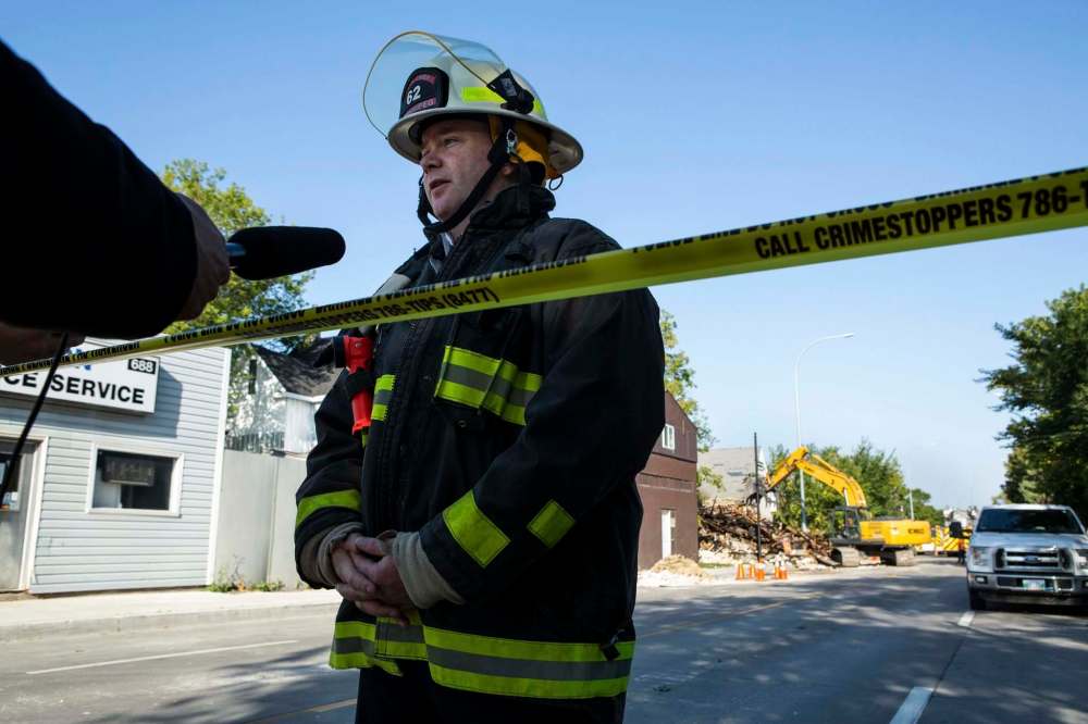 Assistant fire chief Jason Shaw speaks to media about the department's use of a drone to aid firefighting. (Andrew Ryan / Winnipeg Free Press)