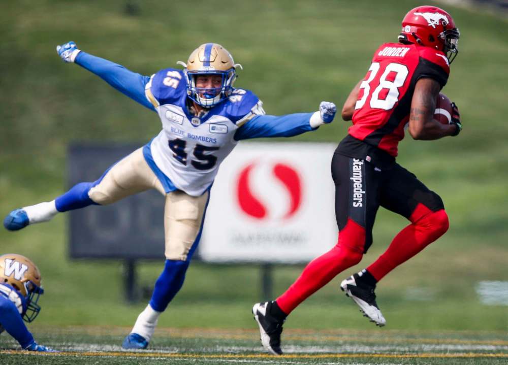 Kamar Jorden set an all time record for receiving yardage in the history of the Calgary Stampeders' organization when he caught 10 passes for 249 yards Saturday against the Bombers. (Jeff McIntosh / The Canadian Press)