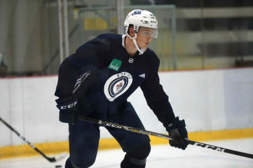 RUTH BONNEVILLE / WINNIPEG FREE PRESS
Winnipeg Jets 2017 first-round draft pick Kristian Vesalainen's line was one of the lone bright spots for the Jets in a game against the Vancouver Canucks prospects in the Young Stars Classic at the South Okanagan Events Centre in Penticton, BC Friday.