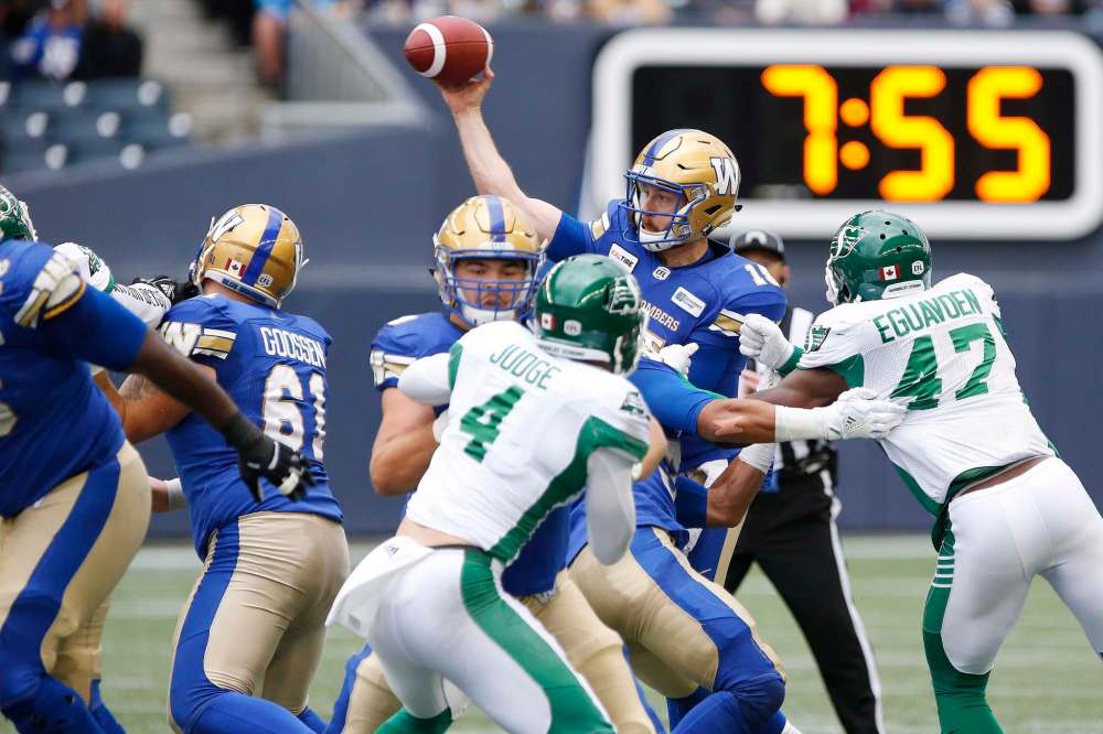 Matt Nichols went 10-for-20 for 165 yards, zero touchdowns and three interceptions against Saskatchewan Saturday. He also had two other interceptions wiped out by penalties. (John Woods / The Canadian Press)