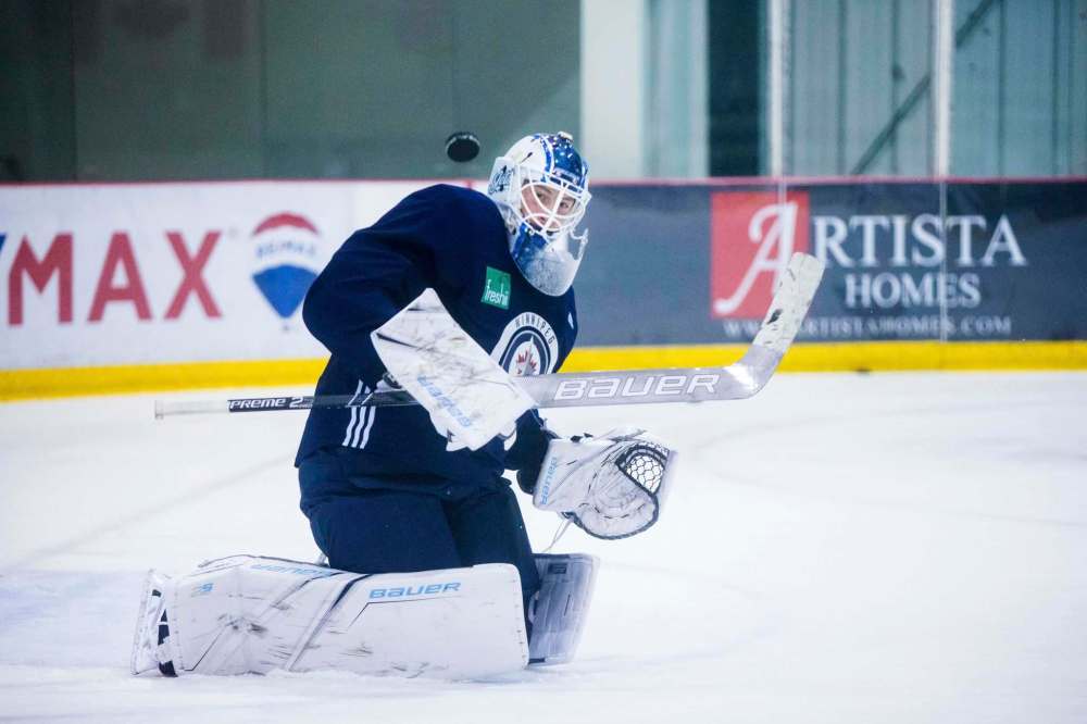 MIKAELA MACKENZIE / WINNIPEG FREE PRESS
Jets goalie Laurent Brossoit practices at Bell MTS Iceplex on Wednesday.