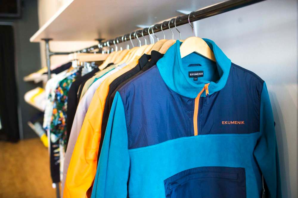 MIKAELA MACKENZIE / WINNIPEG FREE PRESS
Ekumenik clothing for skateboarders includes t-shirts, hoodies, jackets, raincoats, parkas, collared shirts, Hawaiian shirts, polar fleece, winter vests, pants, caps, shorts, bathing suits, and cardigan sweaters.
