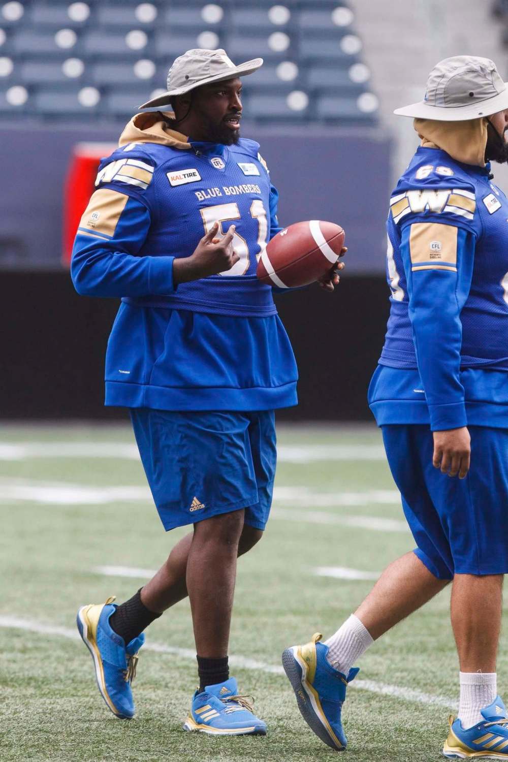 Winnipeg Blue Bombers Jermarcus Hardrick (51) at practice Thursday morning at Investors Group Field in preparation for Friday's game against Montreal. (Mike Deal / Winnipeg Free Press)
