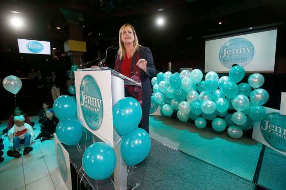 JOHN WOODS / WINNIPEG FREE PRESSMayoral candidate Jenny Motkaluk speaks at a rally of her supporters at CanadInns Monday.
