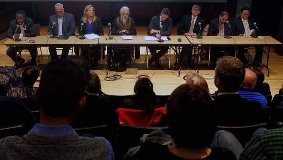PHIL HOSSACK / WINNIPEG FREE PRESSMayoral candidates Don Woodstock (from left), Tim Diack, Jenny Motkaluk, Ed Ackerman, Brian Bowman, Doug Wilson, Umar Hayat and Venkat Machiraju, debate civic issues at a forum at the University of Winnipeg Thursday evening.