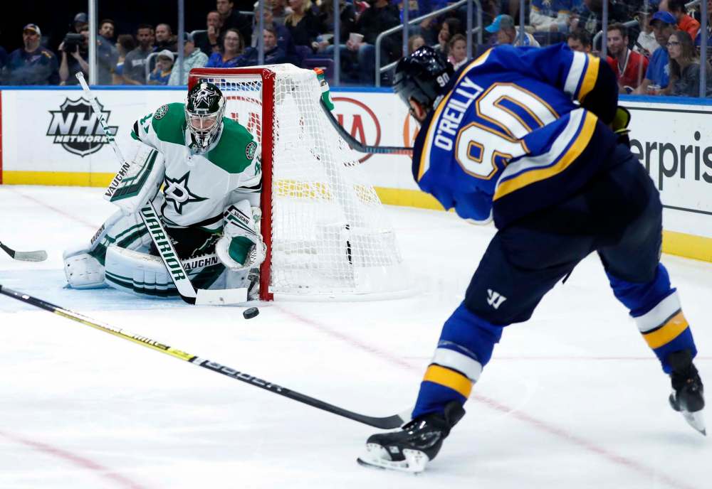 St. Louis Blues' Ryan O'Reilly shoots against Dallas Stars goalie Landon Bow during the second period last Friday in St. Louis. (Jeff Roberson / Associated Press files)
