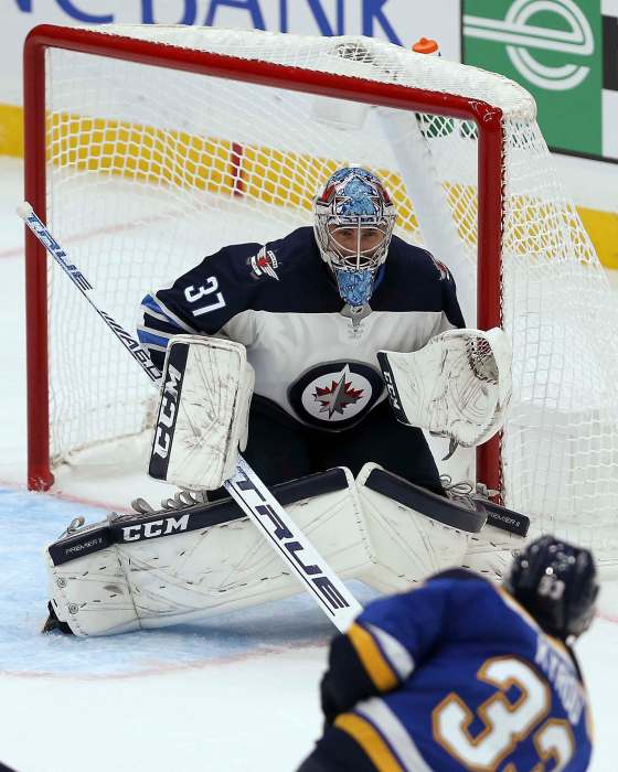Winnipeg will go with the same lineup as their opener, with Connor Hellebuyck back in net after a 41-save, first-star performance in St. Louis. (Scott Kane / Associated Press files)