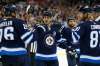 JOHN WOODS / WINNIPEG FREE PRESS
Winnipeg Jets' Blake Wheeler, Mark Scheifele and Kyle Connor celebrate Connor's goal against the Los Angeles Kings during the second period Tuesday.