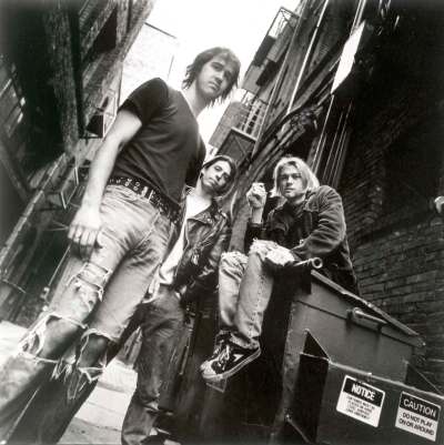 Chris Cuffaro / David Geffen Co.
Nirvana, in 1991, with Krist Novoselic (left), Dave Grohl and Kurt Cobain.