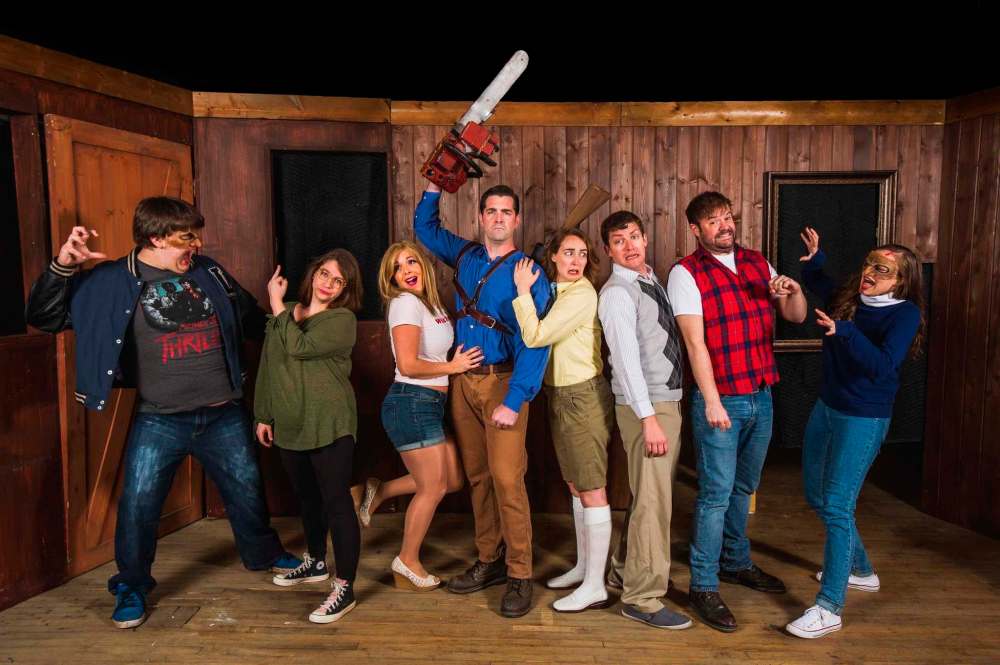 The cast of Evil Dead: The Musical includes Sam Kowaluk (from left), Katie German, Teela Tomassetti, Ryan Ash, Robyn Slade, David Fox, Dan De Jaeger and Elena Howard-Scott.