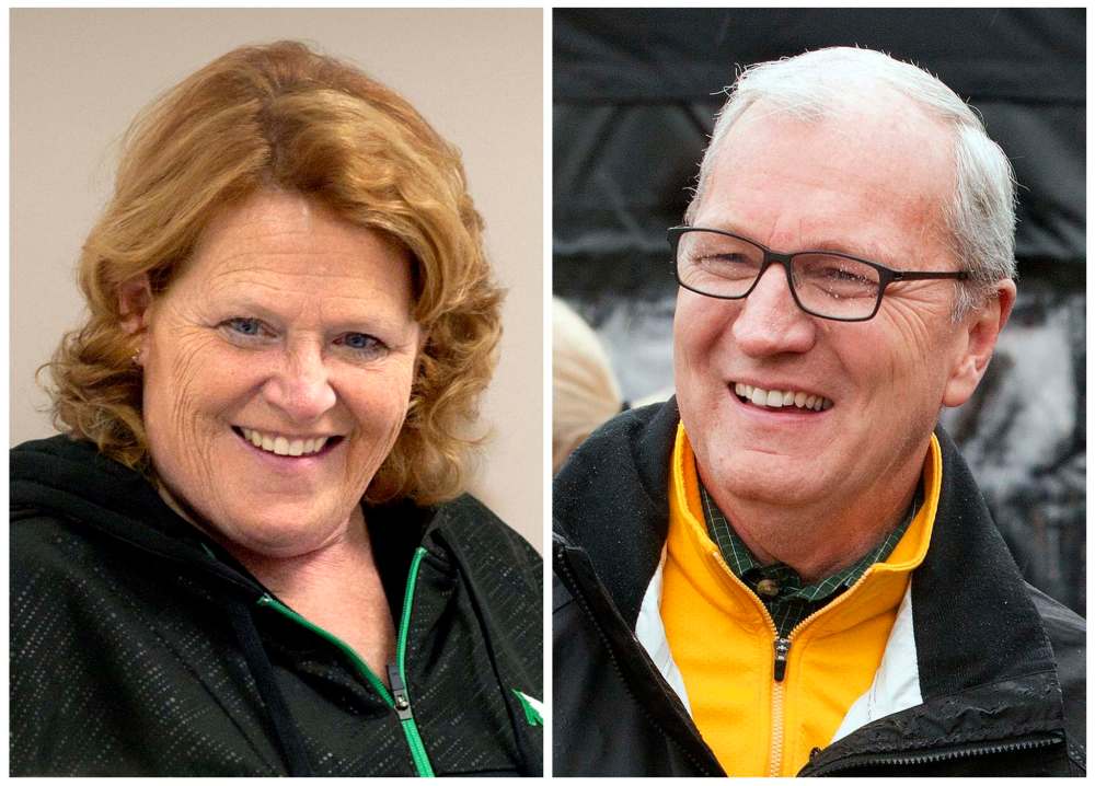 North Dakota Senate candidates in the November 2018 election: incumbent Democratic Sen. Heidi Heitkamp (left) and her Republican challenger Kevin Cramer. (AP Photo/Bruce Crummy, File)