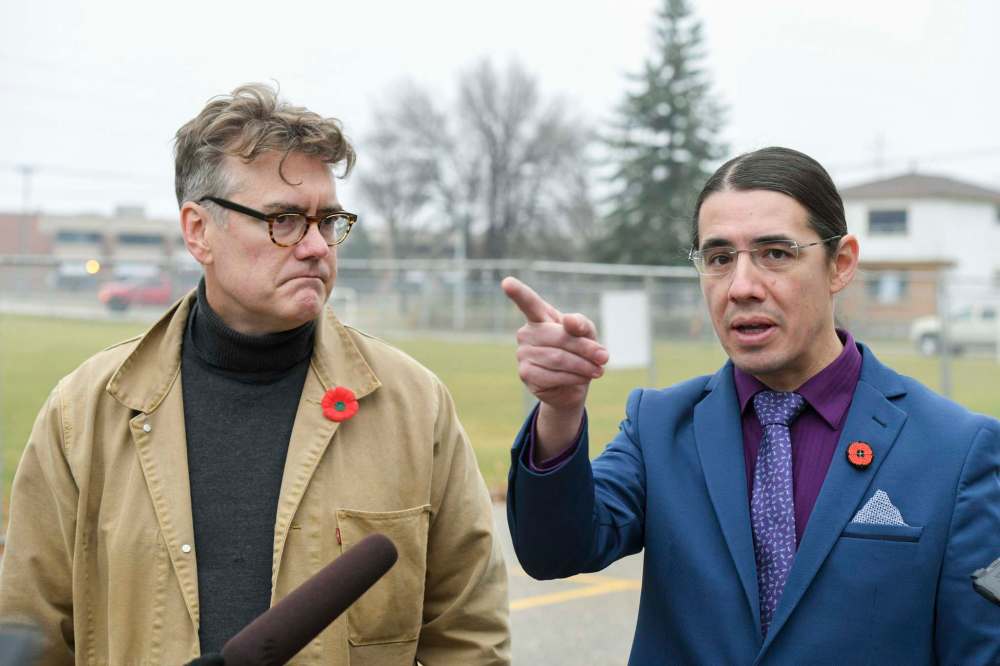 Provincial Liberal leader Dougald Lamont and MP Robert-Falcon Ouellette called on the province to unveil a clean-up plan for Weston School (Mike Sudoma / Winnipeg Free Press)