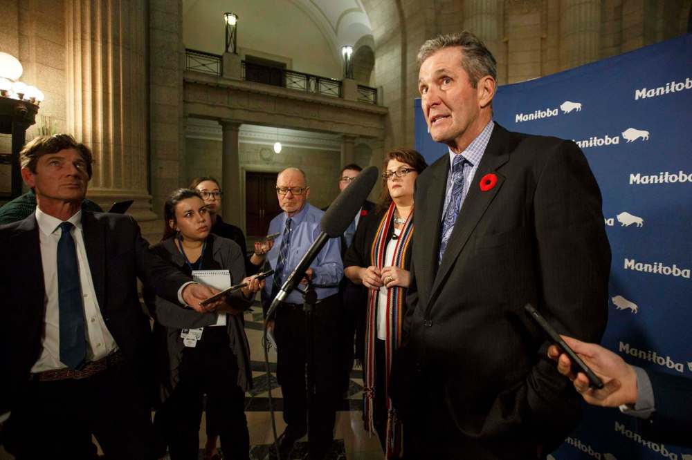 MIKE DEAL / WINNIPEG FREE PRESSManitoba Premier Brian Pallister talks to the media after question period Wednesday afternoon.181031 - Wednesday, October 31, 2018.