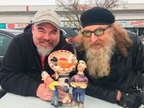 Doug Speirs / Winnipeg Free Press
Big Daddy Tazz (left) and Jordan Van Sewell with the bowl they and Doug Speirs collaborated on for this year&rsquo;s Empty Bowls Soup-er Lunch.