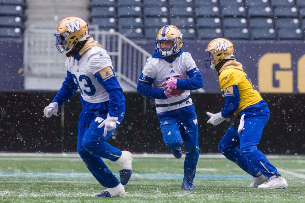 MIKE DEAL / WINNIPEG FREE PRESS files
Blue Bombers receiver Weston Dressler (centre) has been through plenty of playoff battles in the past and knows what it takes to get a Grey Cup ring.