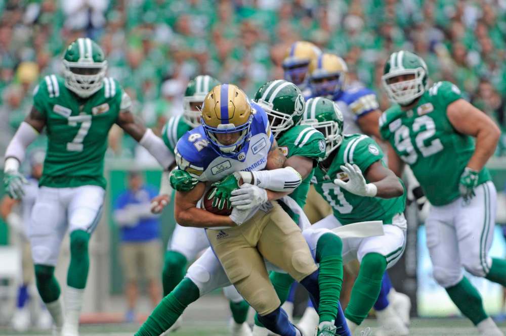 THE CANADIAN PRESS / Mark Taylor
Winnipeg Blue Bombers wide receiver Drew Wolitarsky is tackled by Saskatchewan Roughriders defenders. The Bombers offence is trying to prepare for any wrinkle the Roughriders can throw at them.