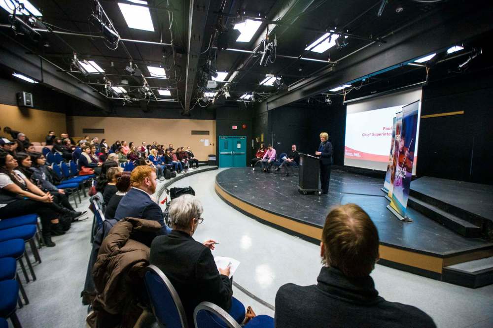 MIKAELA MACKENZIE / WINNIPEG FREE PRESS
Pauline Clarke, Chief Superintendent and CEO of the Winnipeg School Division, announces the Build From Within program at St. John's High School in Winnipeg on Tuesday.