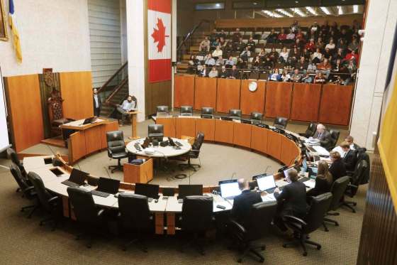 JOHN WOODS / WINNIPEG FREE PRESSA city committee meeting on the rezoning of land for the Bruce Oake Recovery Centre drew a crowd to city hall Tuesday evening.