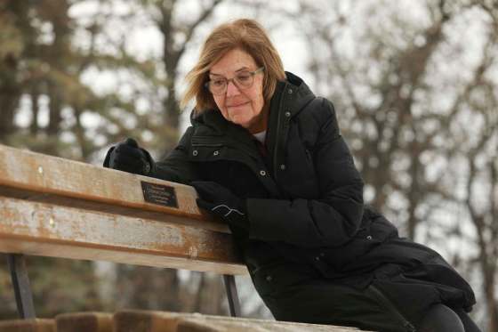 RUTH BONNEVILLE / WINNIPEG FREE PRESSLOCAL - bench memorialsAssiniboine Park near steam train.Where - Assiniboine Park, near start of steam train, near small stream of waterPortrait of Lyle Koncan sits on a memorial park bench she purchased in memory of husband Tony and their dog Daisy Tuesday.Lyle had made donation of $1,500 for memorial bench for memory of husband Tony and their dog Daisy in Sept. 2008 and was told the bench was there