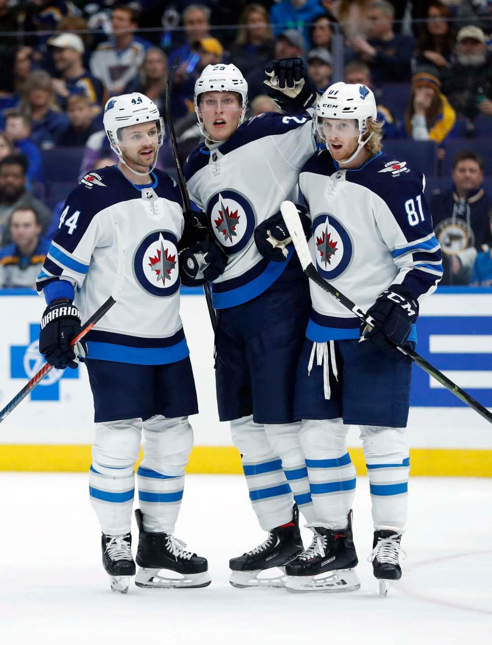 JEFF ROBERTSON / THE ASSOCIATED PRESS
Winnipeg Jets' Patrik Laine, of Finland, is congratulated by Josh Morrissey (44) and Kyle Connor (81) after scoring during the first period of an NHL hockey game against the St. Louis Blues, Saturday, Nov. 24, 2018, in St. Louis.