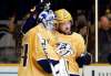 AP Photo/Mark Humphrey
Nashville Predators left wing Viktor Arvidsson, right, celebrates with goaltender Juuse Saros after the Predators defeated the Washington Capitals 7-2 Tuesday. Arvidsson had a hat trick in the game.