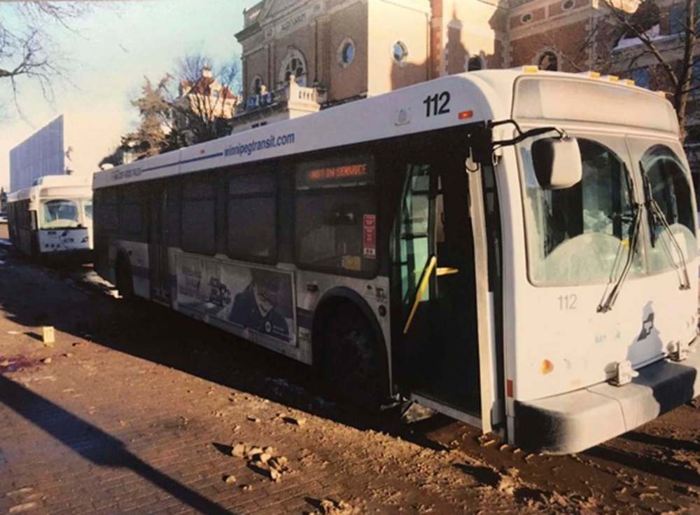 SUPPLIED
The blood-stained scene of the stabbing that claimed the life of Winnipeg Transit driver Irvine Jubal Fraser that jurors were shown at the second-degree murder trial of Brian Kyle Thomas.