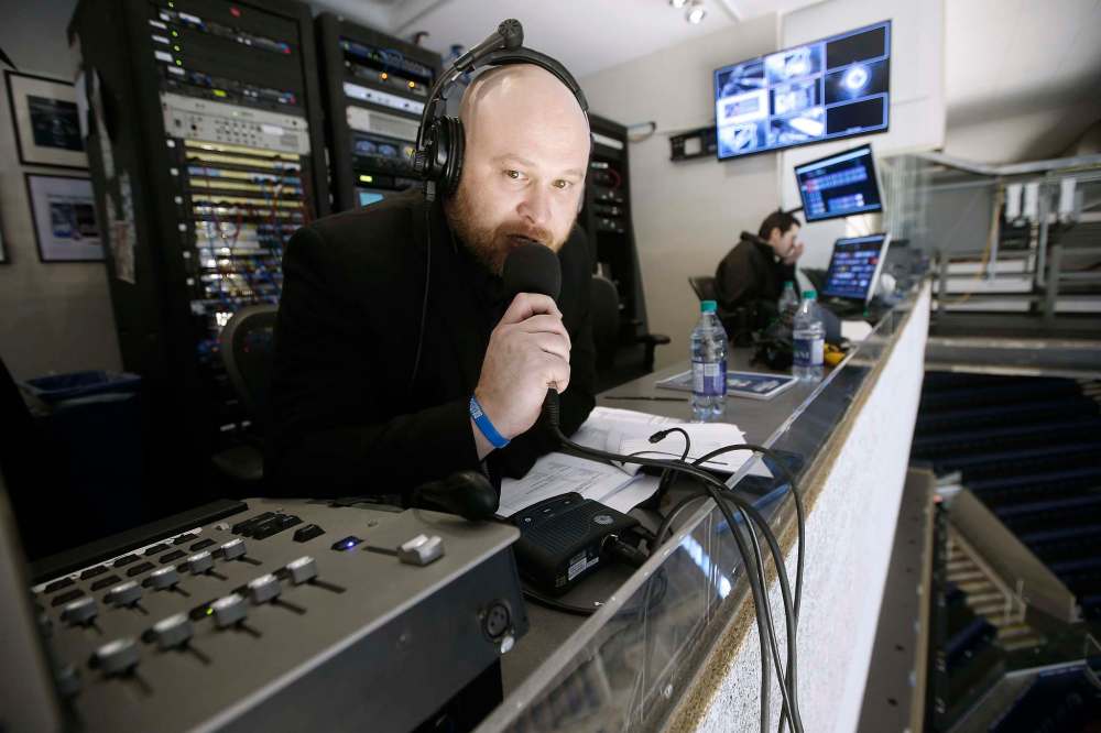 JOHN WOODS / WINNIPEG FREE PRESS
Winnipeg Jets public announcer Jay Richardson in the production studio at Bell MTS Place.