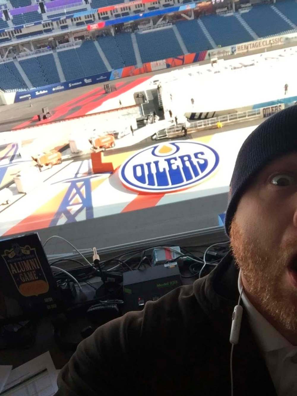 SUPPLIED
Richardson at his perch at Investors Group Field during the Heritage Classic in 2016. “I got to say Teemu Selanne’s name. It was a pretty great weekend.”
