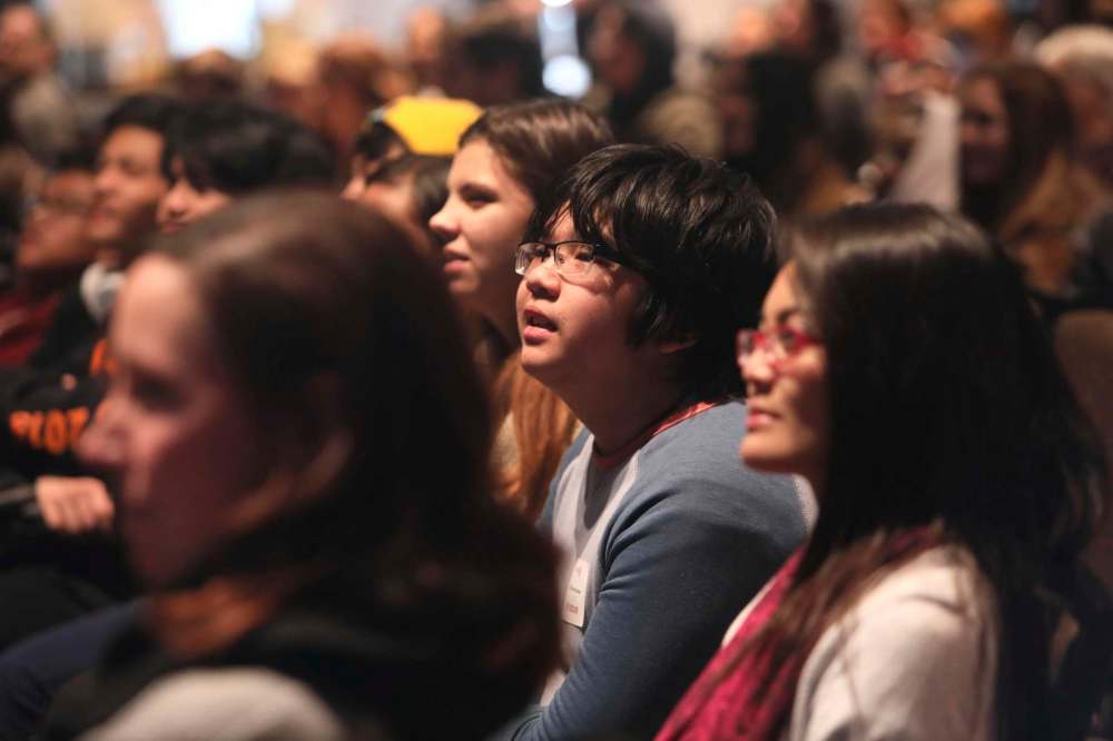 RUTH BONNEVILLE / WINNIPEG FREE PRESS
Grade 8 students from St. Johns School listen to Commander Herrington at CMHR Thursday.