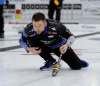 Thomas Friesen / The Brandon Sun Mike McEwen of Team Carruthers throws against Robert Daudet Wednesday afternoon. Viterra Curling Championship in Virden, Manitoba. February 6, 2019