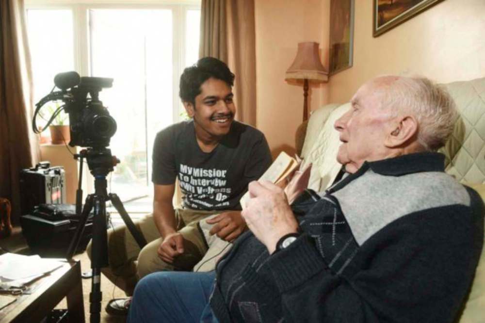SUPPLIED
Rishi Sharma, 21 (left), interviewing Second World War veteran Len Mann, a British veteran who fought in the Devonshire Regiment. Sharma is on an on-going mission to find and interview as many combat veterans of the Second World War possible.