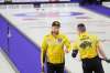 THOMAS FRIESEN / BRANDON SUN
Brandon Sun Mike McEwen, left, and Colin Hodgson react to McEwen's angle raise to score a single for Manitoba against Saskatchewan in Draw 1 at the Tim Hortons Brier at Westoba Place on Saturday, March 2, 2019.