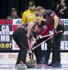 Jonathan Hayward / The Canadian Press
Team Manitoba skip Mike McEwen lost in the early draw to Team Canada skip Brad Gushue on Thursday in Brandon.